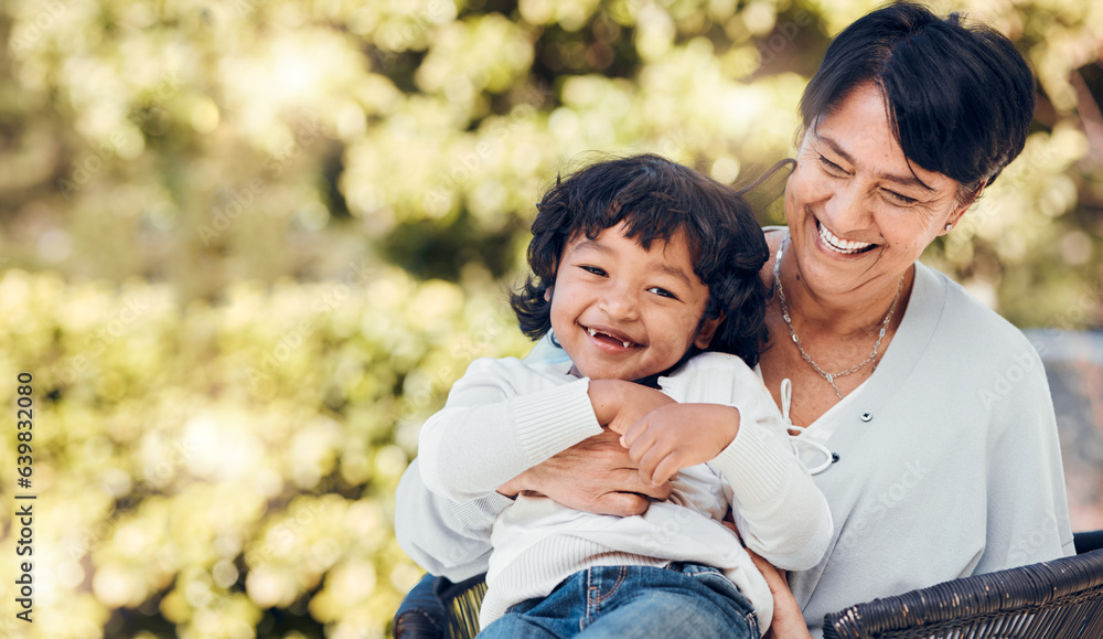 Boy, laughing and mature woman in park for bonding, support and summer break in Mexico nature. Kid, 