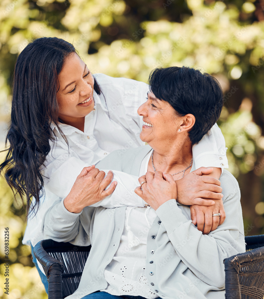 Woman, mature mother and hug in garden with love on mothers day or women bonding with care for mom i