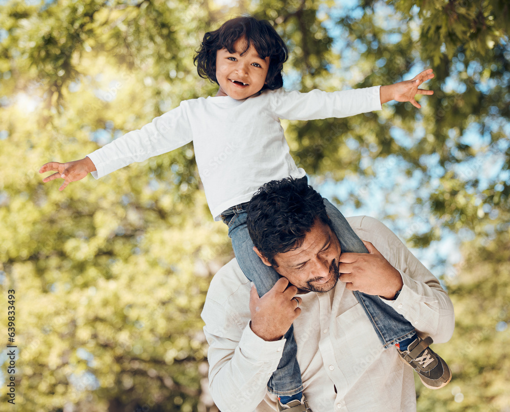 Father, portrait or piggyback with child in park for fun bonding, games or energy in backyard garden