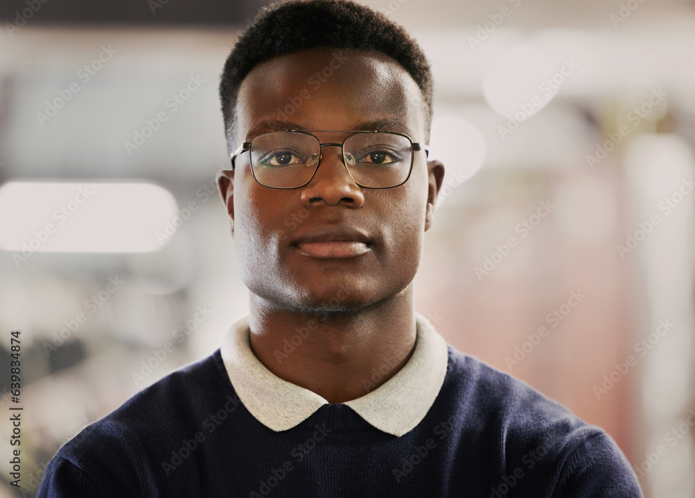 Student, university and portrait of black man on campus for learning, education and vision for futur