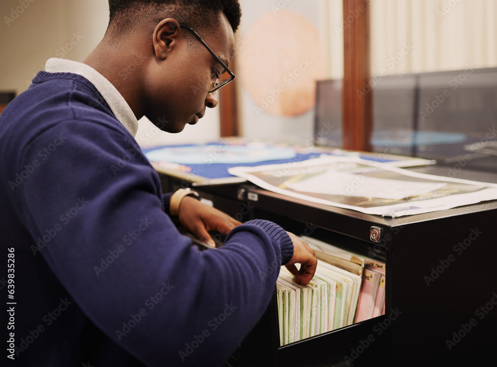 School research, campus and a black man in a library for knowledge, learning or studying. University