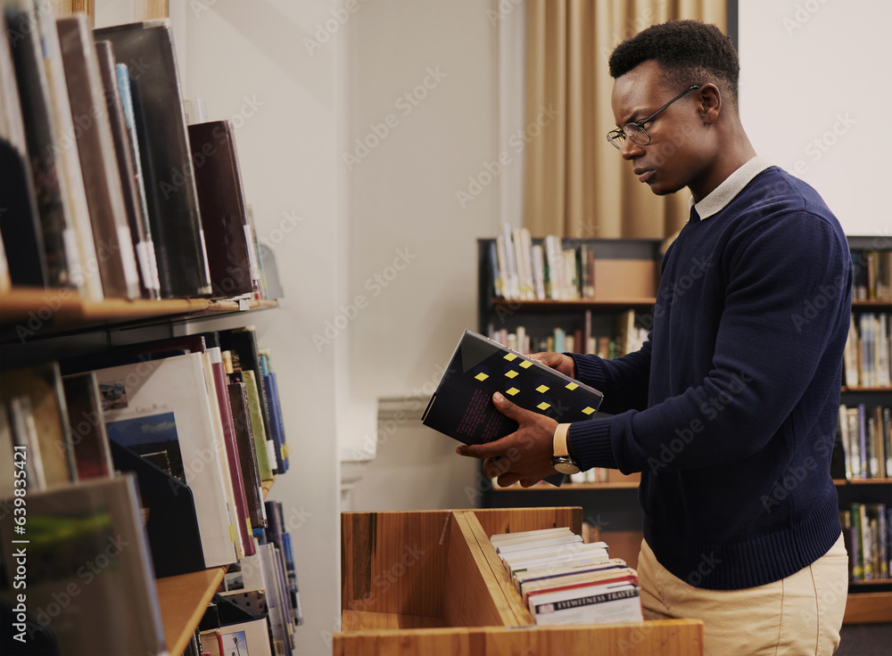 Librarian man, shelf and book with thinking, packing or stock for admin, organized and ideas in work