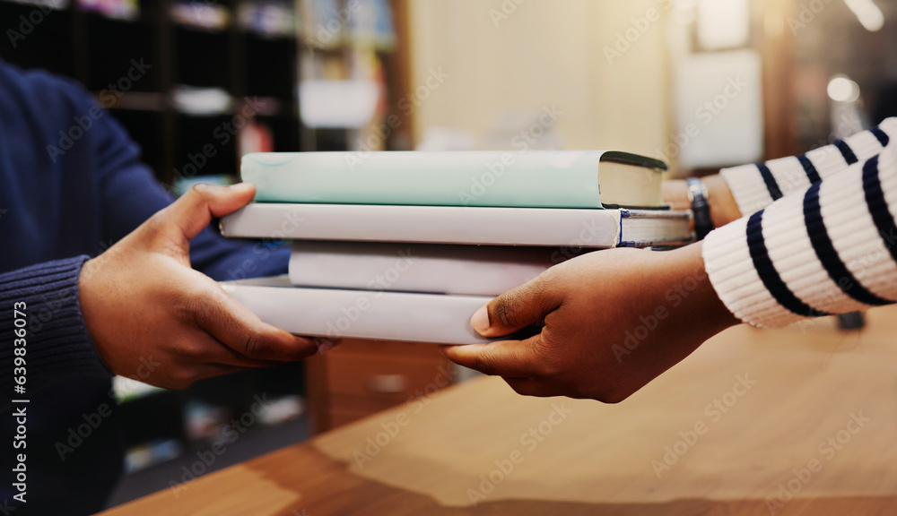 Hands, library and return books for learning, knowledge or research at academy, development or readi