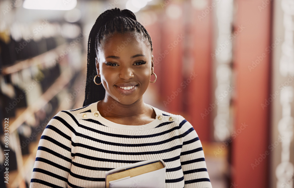 Student, university and portrait of black woman in library for learning, education and reading books