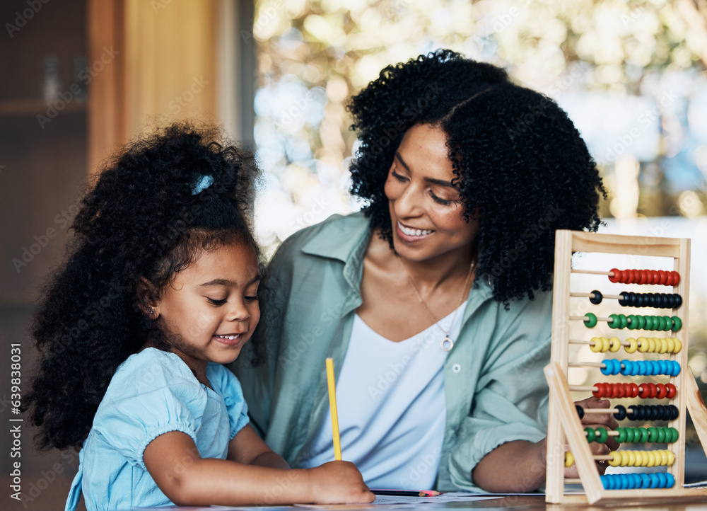 Happy family, education and mother helping child with kindergarten homework, remote learning and stu