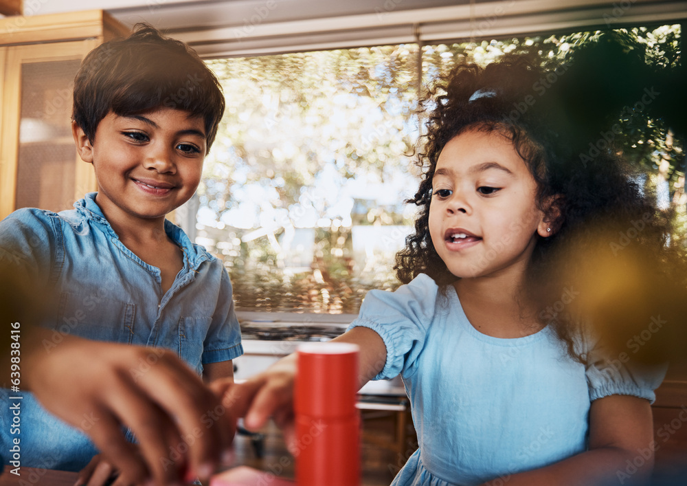 Girl, boy and kids learning with building blocks in home for education, development and playing puzz