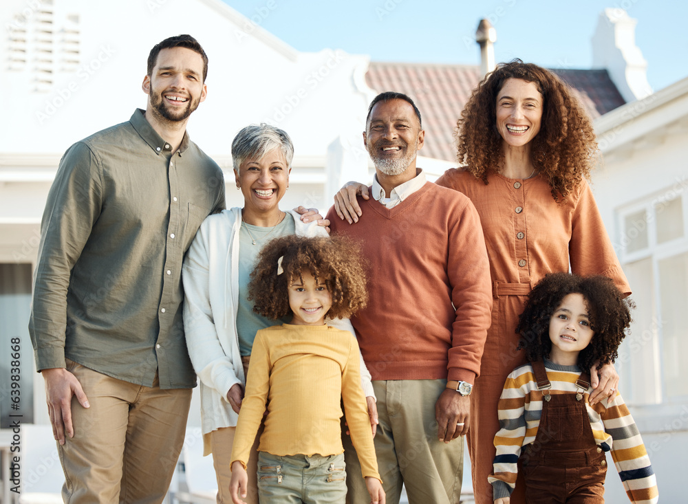 Parents, children and grandparents in portrait, backyard or smile together for love, bonding or outd