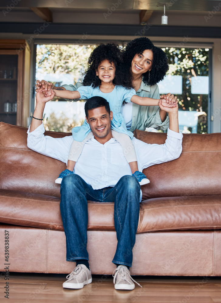 Relax, airplane and portrait with family on sofa for happy, bonding or peace on holiday. Love, care 