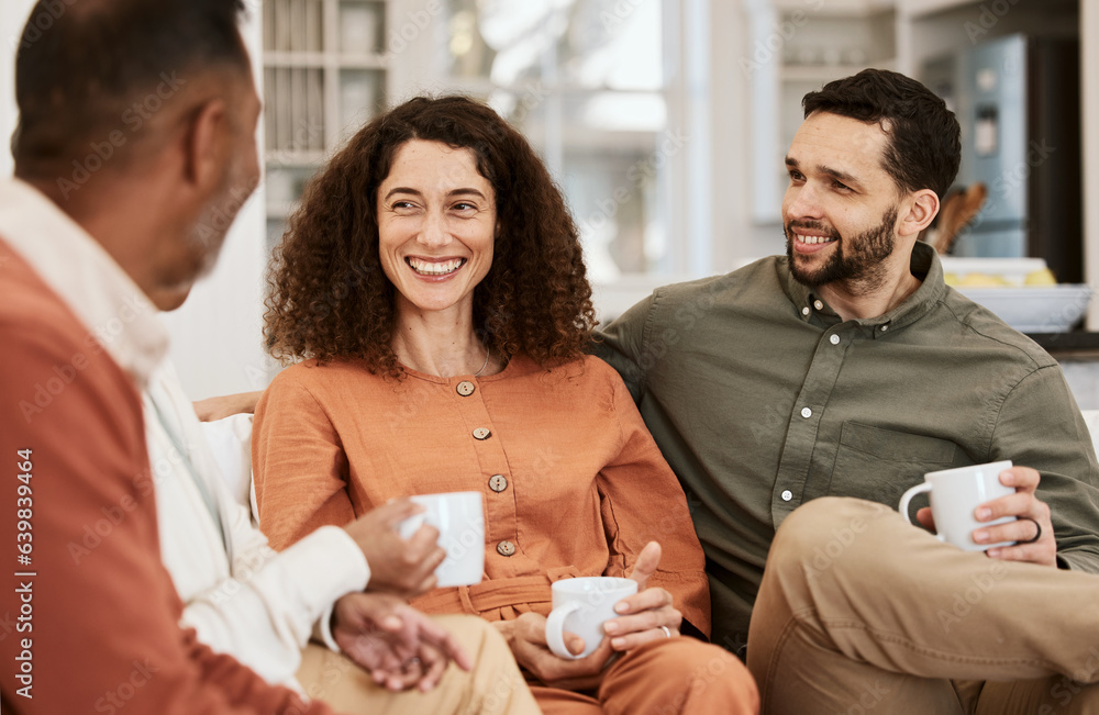 Couple, senior parents and coffee in home, relax and happy with conversation, love and bonding in li