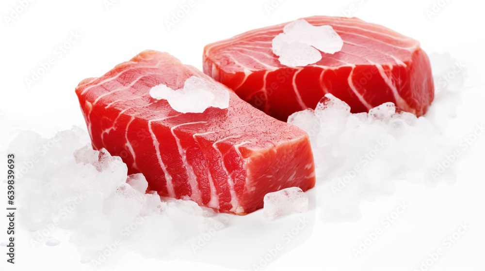 Slices of tuna fish on the ice cubes. Fresh fish fillet. Seafood background. Generative AI