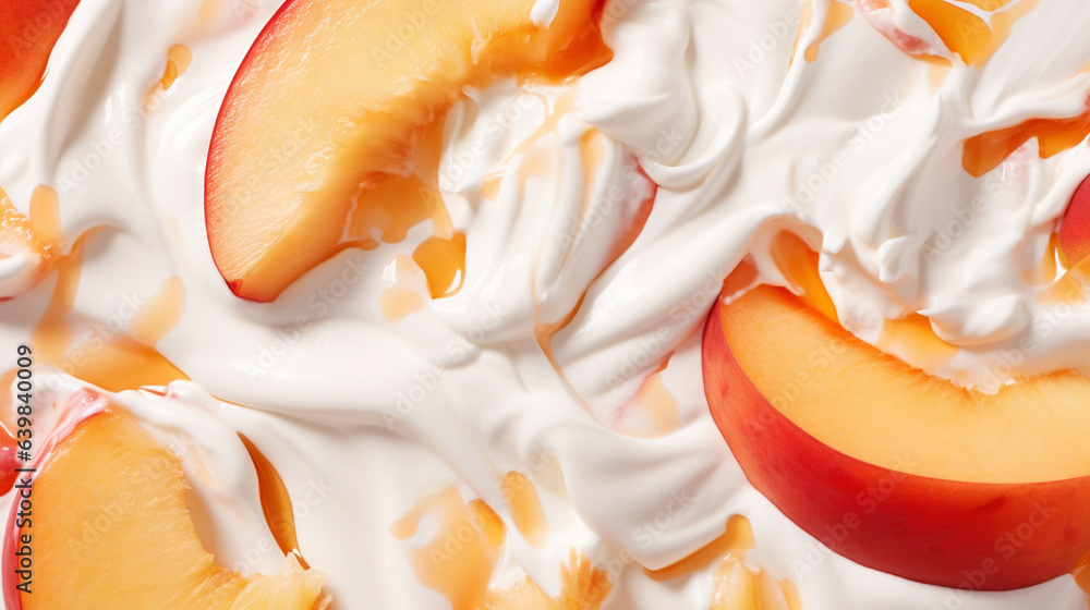 Yogurt and fresh peaches, background. Top view. Generative AI