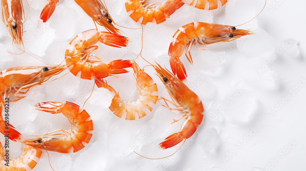 Top view of raw whole shrimps on ice. Seafood background. Generative AI