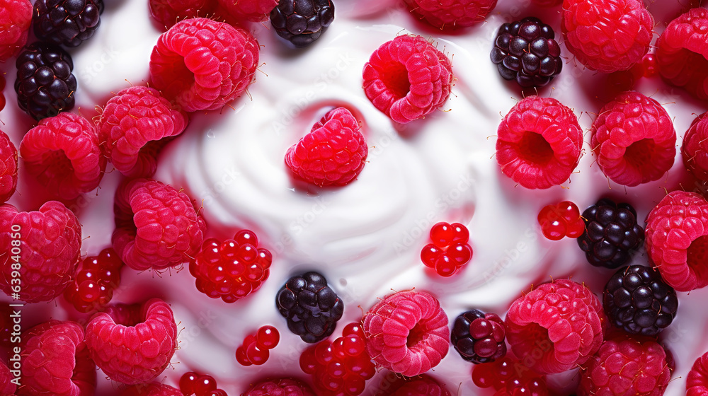 Yogurt and fresh forest berries, background. Top view. Generative AI