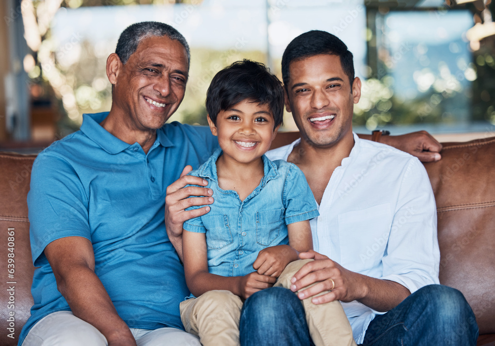 Grandfather, dad and son on sofa, portrait and smile with care, love and bonding in family home. Fat