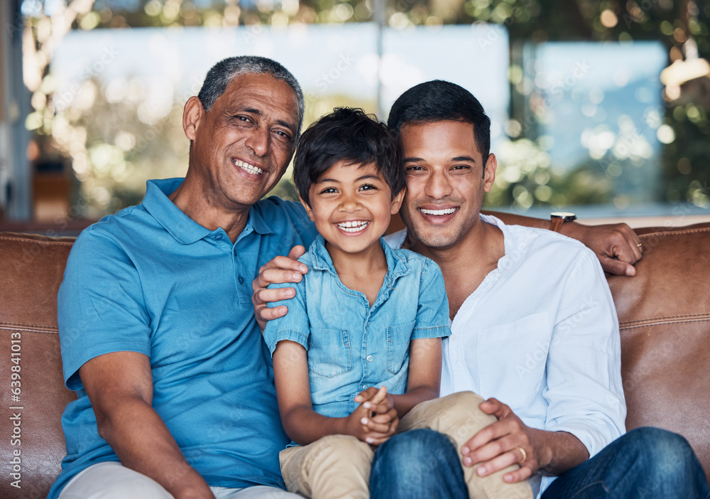 Family portrait, generation and happy child, father and grandfather relax, break and smile for weeke