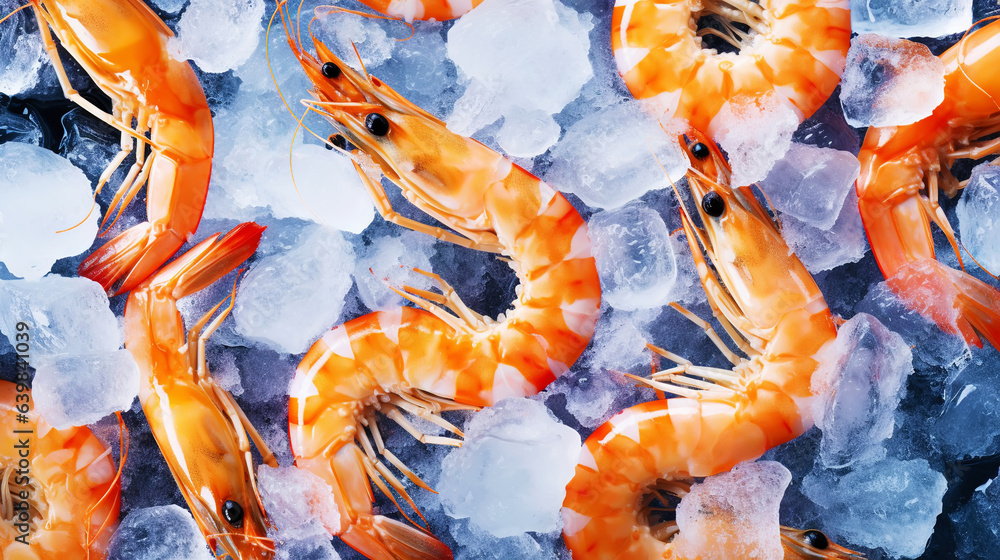 Top view of raw whole king prawns on ice. Seafood background. Generative AI