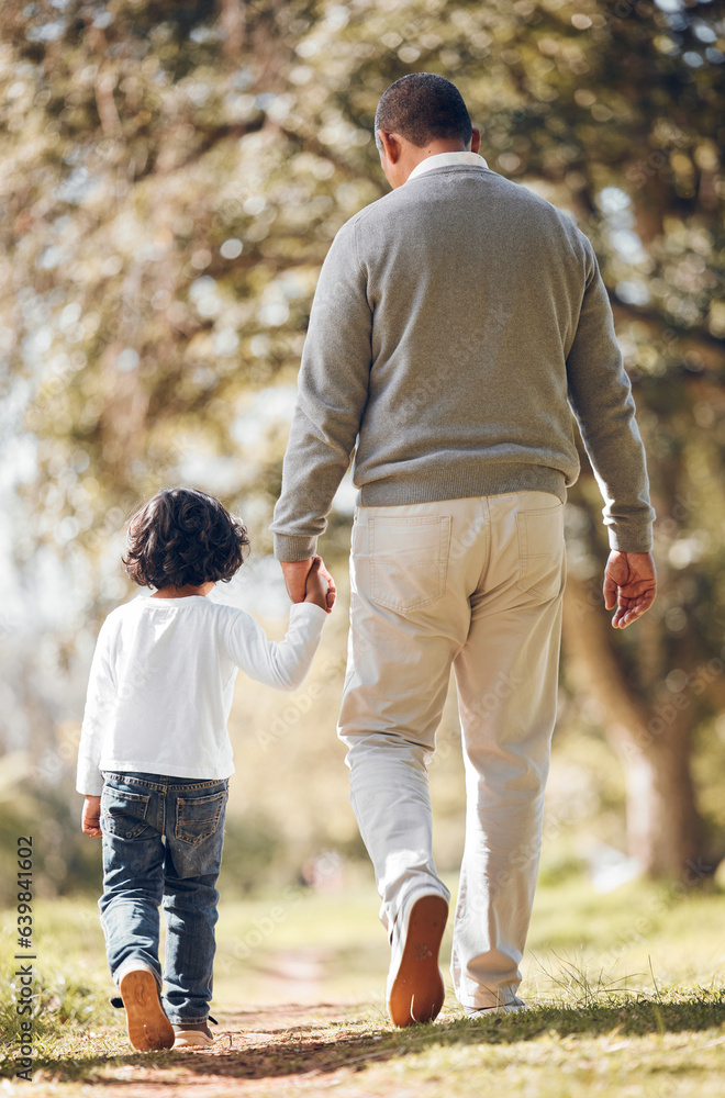 Back, holding hands and a child with a grandfather in nature for walking, bonding and care. People, 