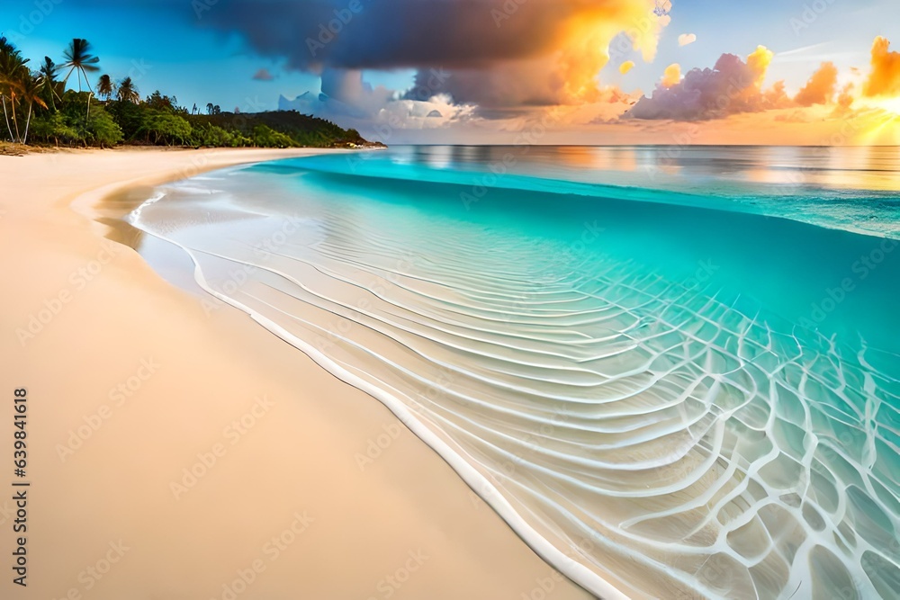 secluded tropical beach where the palm trees provide shade along the shoreline, and the coral reefs 