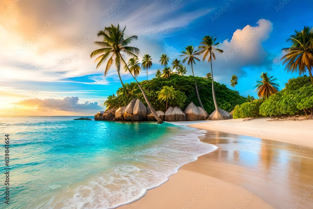 secluded tropical beach where the palm trees provide shade along the shoreline, and the coral reefs 