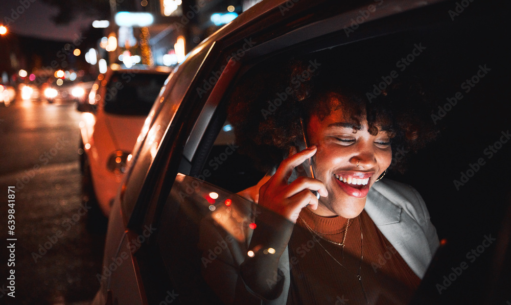 Happy black woman, phone call and travel at night in city taxi for communication, conversation or ne