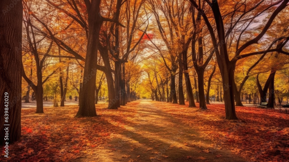 Autumn forest path. Orange color tree, red brown maple leaves in fall city park. Generative Ai