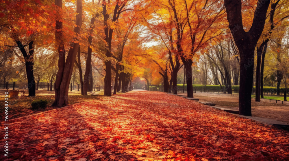 Autumn forest path. Orange color tree, red brown maple leaves in fall city park. Generative Ai