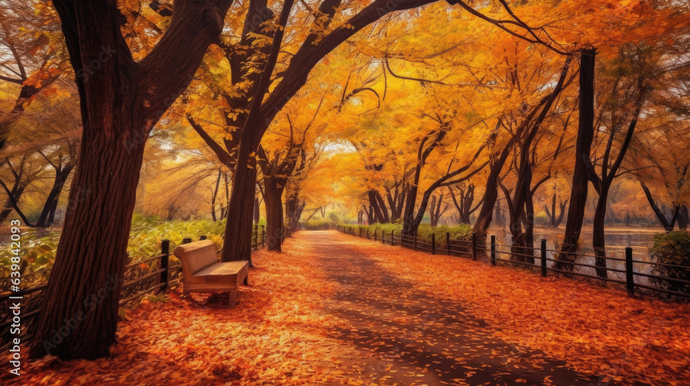 Autumn forest path. Orange color tree, red brown maple leaves in fall city park. Generative Ai