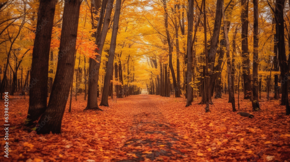 Autumn forest path. Orange color tree, red brown maple leaves in fall city park. Generative Ai