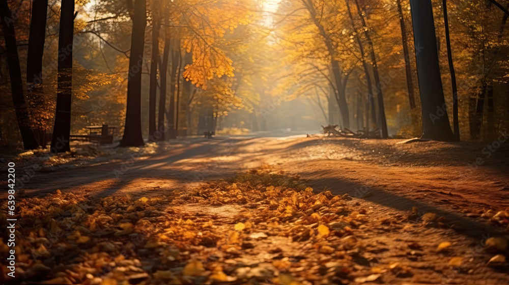 Autumn forest road in autumn leaves background. morning sunlight. Generative Ai