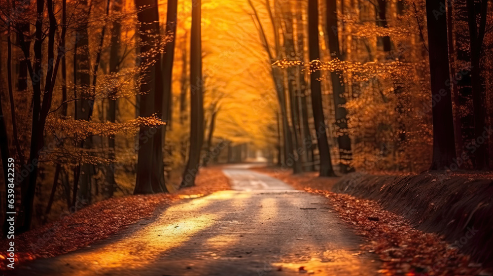 Autumn forest road in autumn leaves background. morning sunlight. Generative Ai