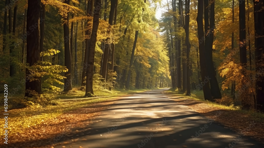 Autumn forest road in autumn leaves background. morning sunlight. Generative Ai