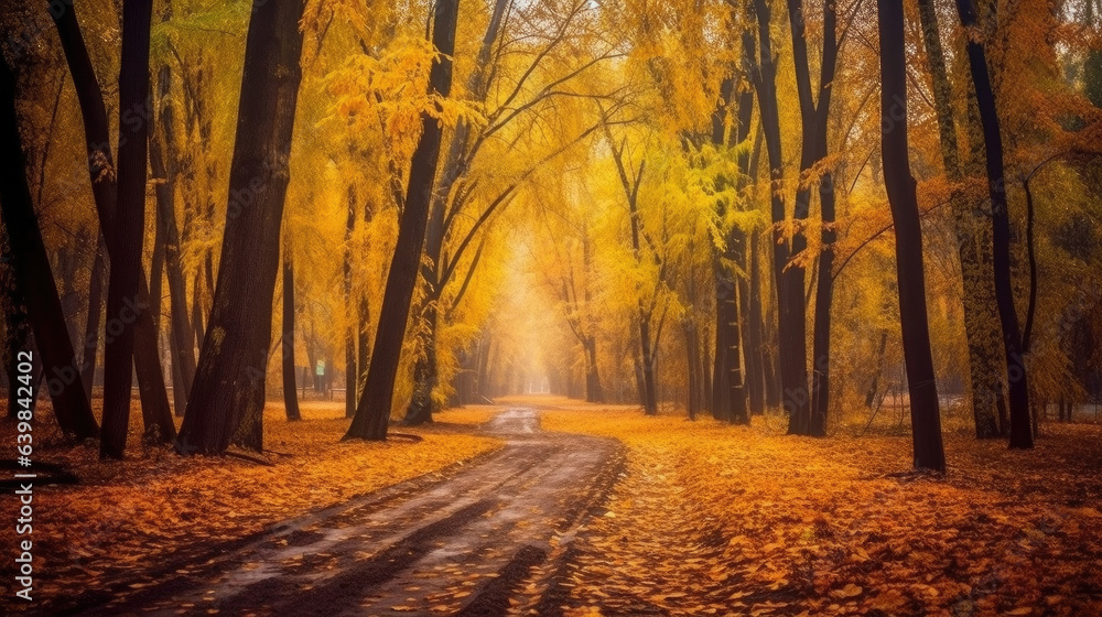 Autumn forest scenery with road of fall leaves & warm light illumining the gold foliage. Footpath in