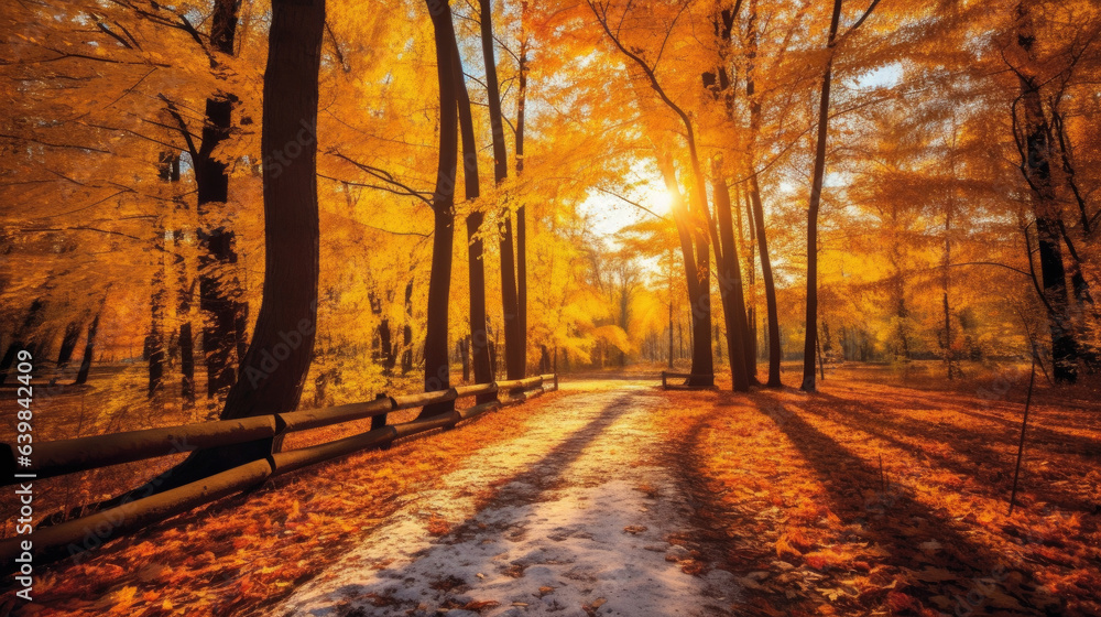 Autumn forest scenery with road of fall leaves & warm light illumining the gold foliage. Footpath in