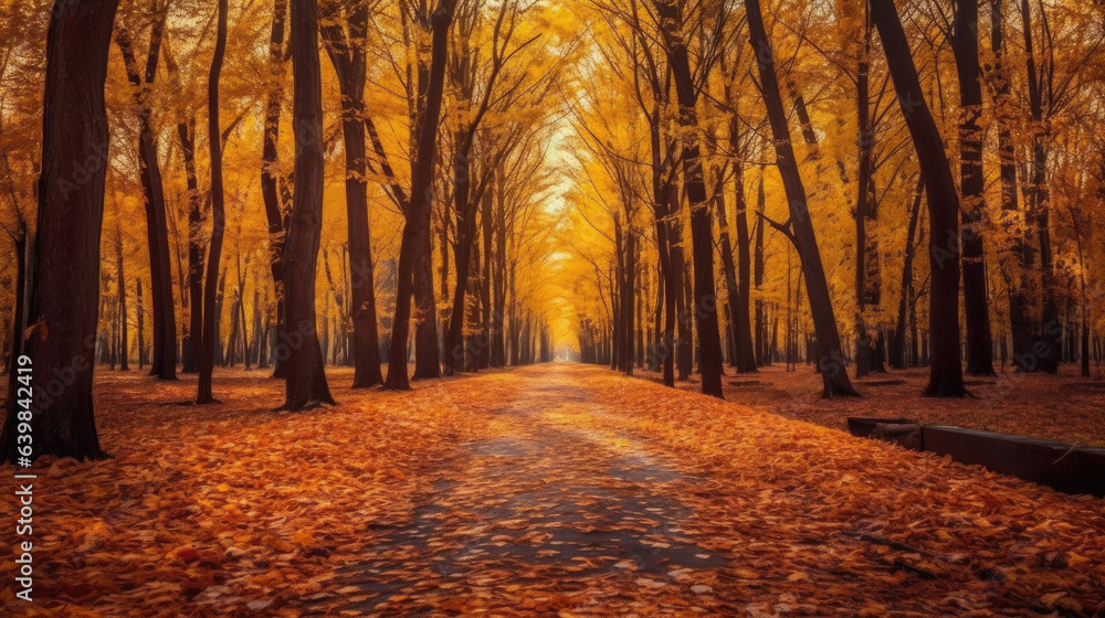 Autumn forest scenery with road of fall leaves & warm light illumining the gold foliage. Footpath in