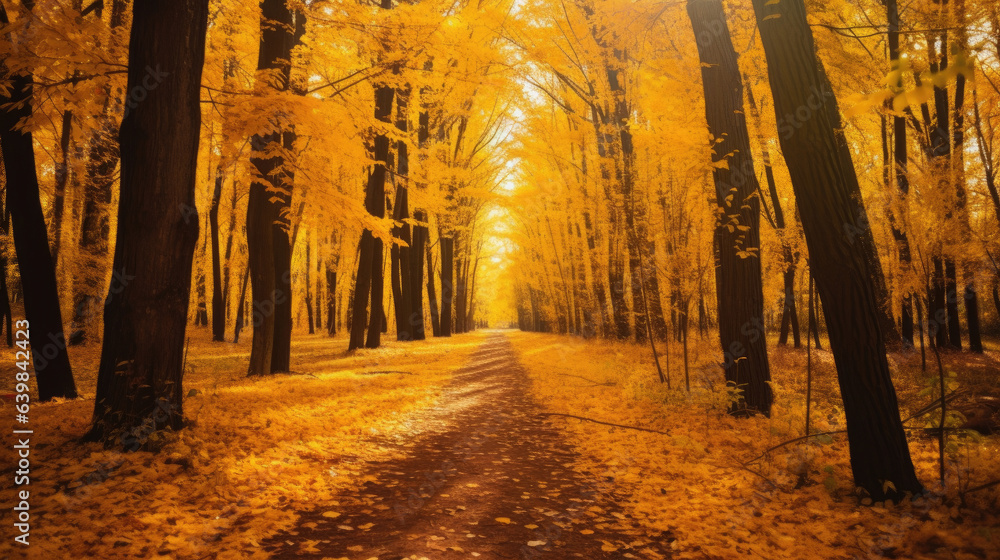 Autumn forest scenery with road of fall leaves & warm light illumining the gold foliage. Footpath in