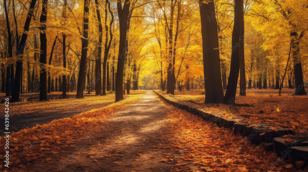 Autumn forest scenery with road of fall leaves & warm light illumining the gold foliage. Footpath in