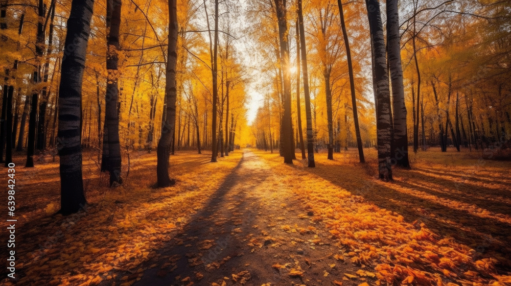 Autumn forest scenery with road of fall leaves & warm light illumining the gold foliage. Footpath in