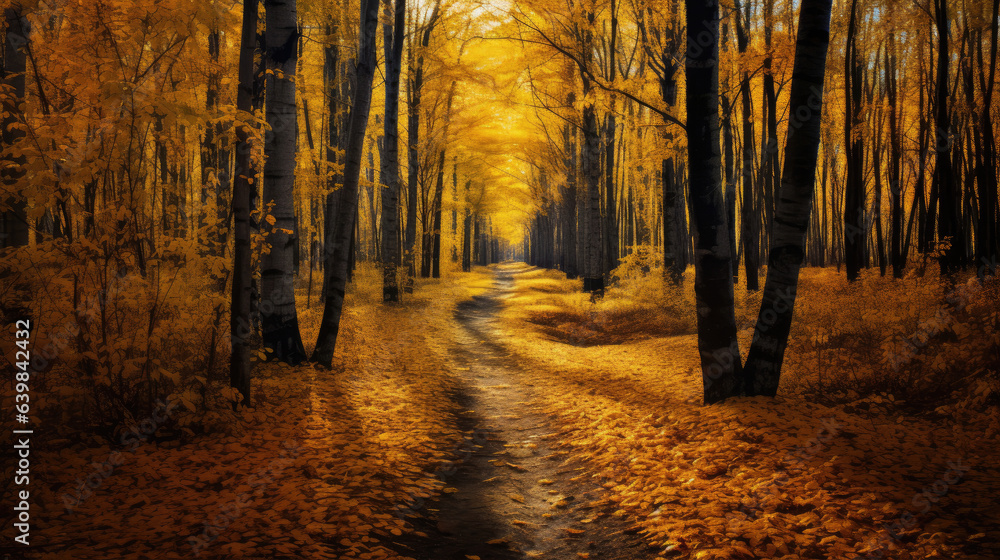 Autumn forest scenery with road of fall leaves & warm light illumining the gold foliage. Footpath in