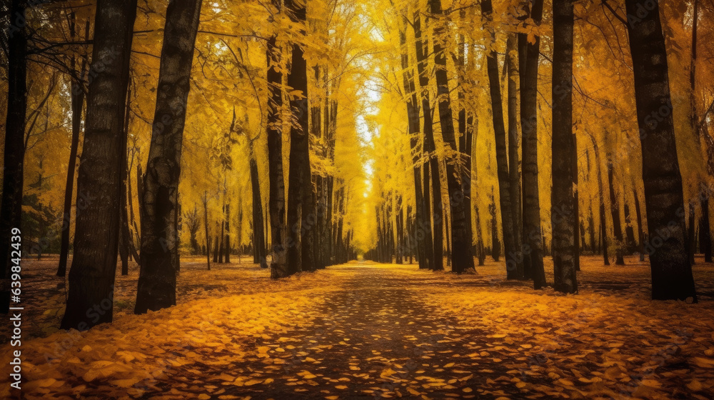 Autumn forest scenery with road of fall leaves & warm light illumining the gold foliage. Footpath in