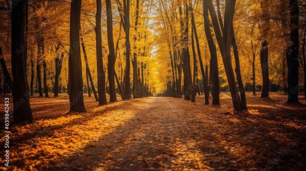 Autumn forest scenery with road of fall leaves & warm light illumining the gold foliage. Footpath in