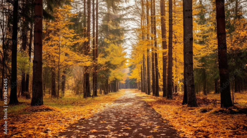 Autumn forest scenery with road of fall leaves & warm light illumining the gold foliage. Footpath in