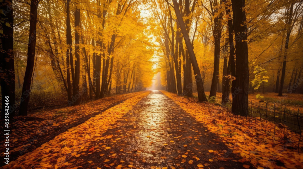 Autumn forest scenery with road of fall leaves & warm light illumining the gold foliage. Footpath in