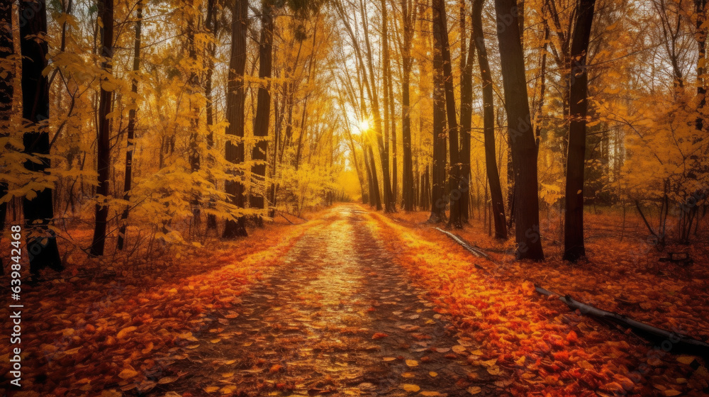 Autumn forest scenery with road of fall leaves & warm light illumining the gold foliage. Footpath in