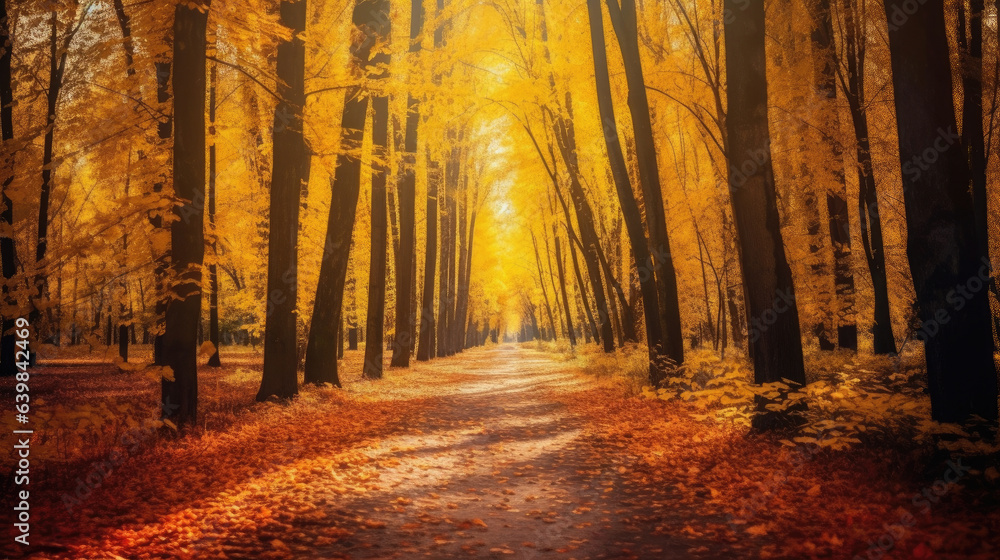 Autumn forest scenery with road of fall leaves & warm light illumining the gold foliage. Footpath in