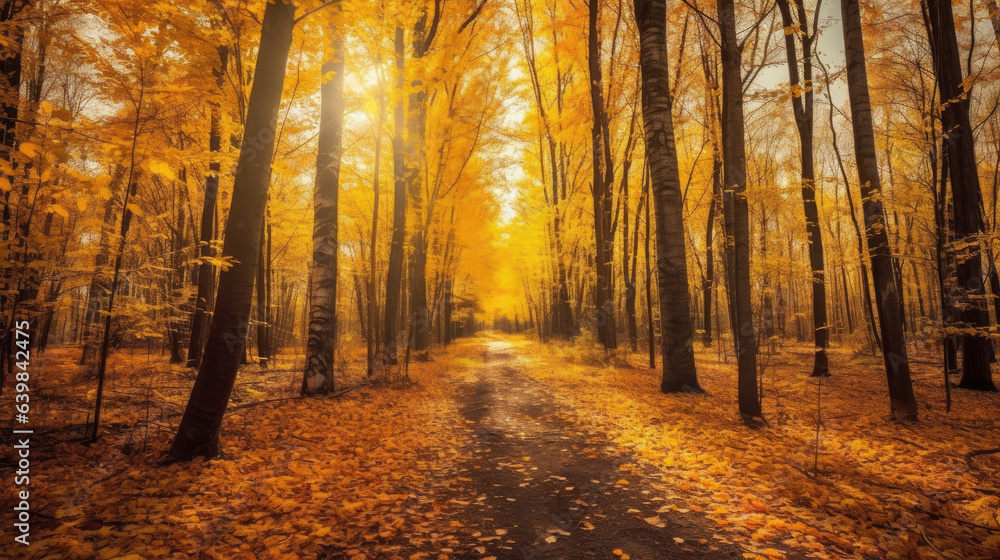 Autumn forest scenery with road of fall leaves & warm light illumining the gold foliage. Footpath in