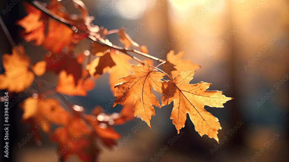 Autumn leaves on the sun and blurred trees for fall background. Generative Ai