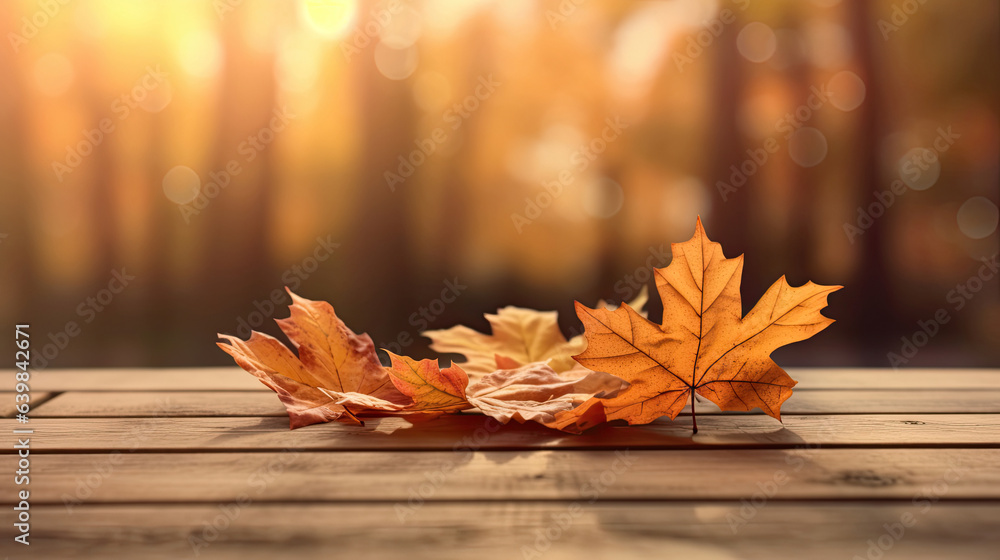 Autumn maple leaves on wooden table for fall blurred background. Generative Ai