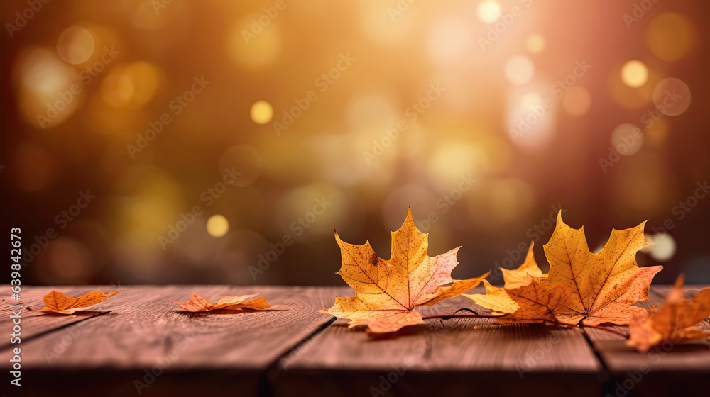 Autumn maple leaves on wooden table for fall blurred background. Generative Ai