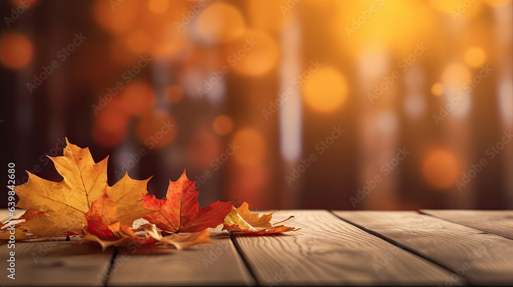 Autumn maple leaves on wooden table for fall blurred background. Generative Ai