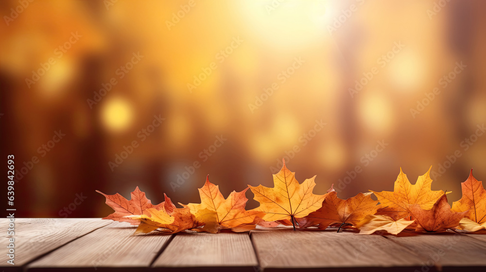 Autumn maple leaves on wooden table for fall blurred background. Generative Ai